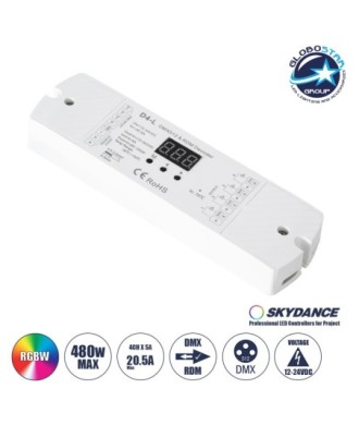 GloboStar® 70668 D4-L SKYDANCE DC DMX & RDM Dimmer High Speed Controller - Decoder 4 Καναλιών DC 12-24V 4 x 5A 120W - Max 20.5A 480W - IP20 Μ17 x Π5 x Υ2.5cm - 5 Years Warranty